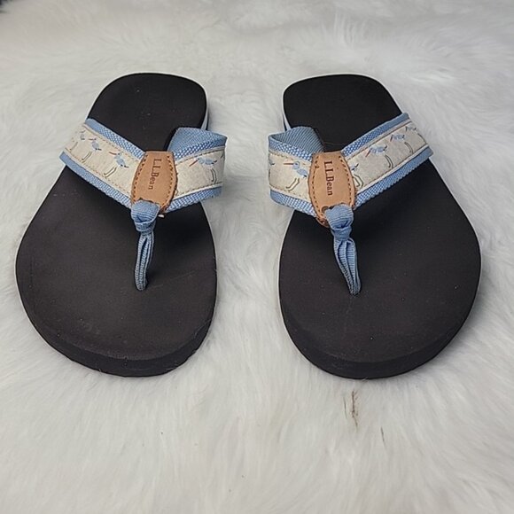 L.L. BEAN Blue Canvas Sandpiper Printed Rubber Sole Slip On Sandal Flip Flops 9 - Picture 6 of 13
